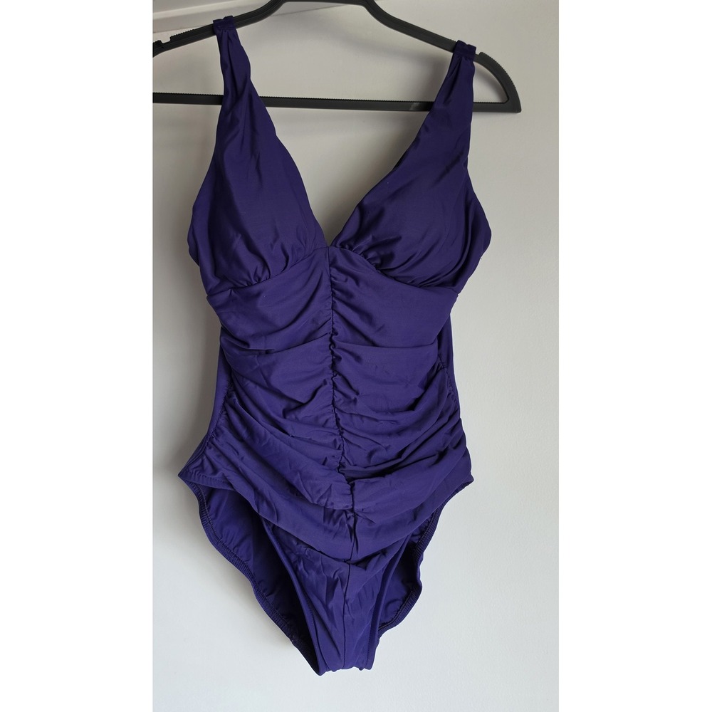 Miraclesuit Women One Piece Swimsuit Purple Solid V-Neck Sleeveless Resort